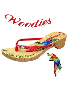 Woodies Sandals Tropical Parrot Hand Paint Leather Sequin Strap Rubber/Sole Sz 9
